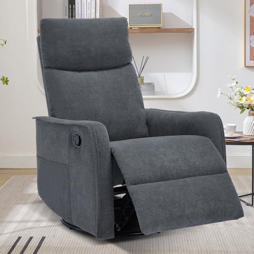 Trustyue Swivel Rocker Recliner Chair, 360° Swivel Recliner with Heat and Massage, Rocker Recliner Nursery Glider Chair with Side Pockets for Living Room (Grey, Fabric)