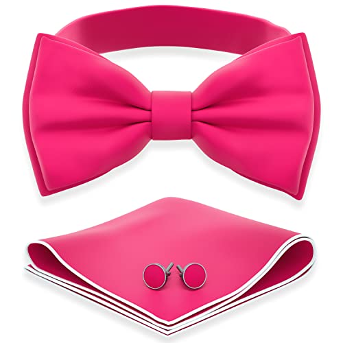Image of Adam Young Men's Bow Ties with Handkerchief & Cufflinks Pre-Tied Style Formal Satin Classic Bowtie for Tuxedo Faux Silk