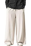 Flygo Mens Linen Pants Casual Wide Leg Baggy Pants Summer Cotton Elastic Waist Yoga Beach Palazzo Trousers(Beige-L)