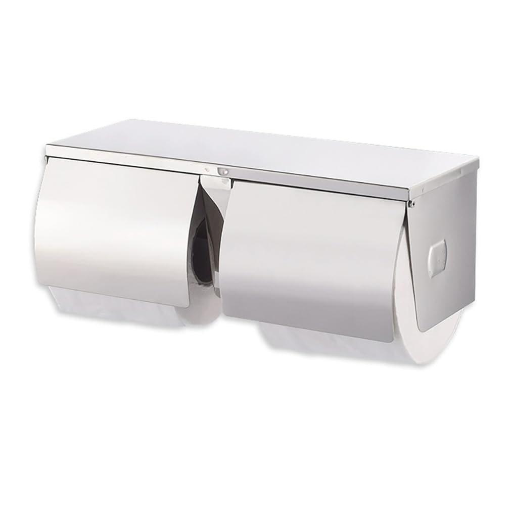Commercial Double Roll Tissue Holder Toilet Paper Holder Dispenser with Shelf Wall Mounted Waterproof Bathroom Paper Roll Holder Toilet Paper Dispenser Cat Proof Toilet Paper Cover, Stainless Steel