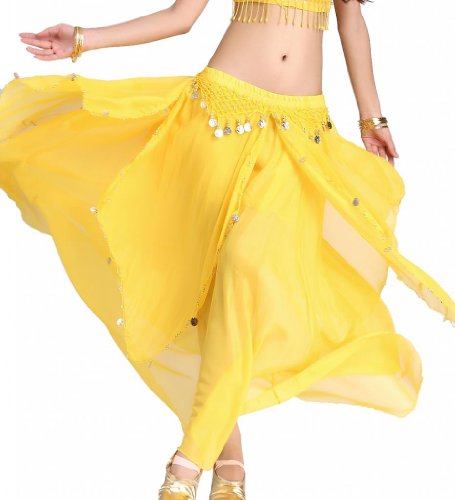 ZLTdream Belly Dance Chiffon Skirt with Gold Coins Belly Dancer Dancing Costume for Girls and Women Halloween Rave Outfits