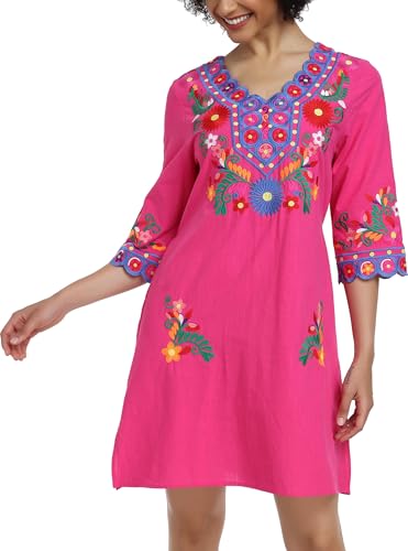 Image of YZXDORWJ Women Embroidered Mexican V Neck Floral Dress Long Sleeve Floral Traditional Bohemian Dress