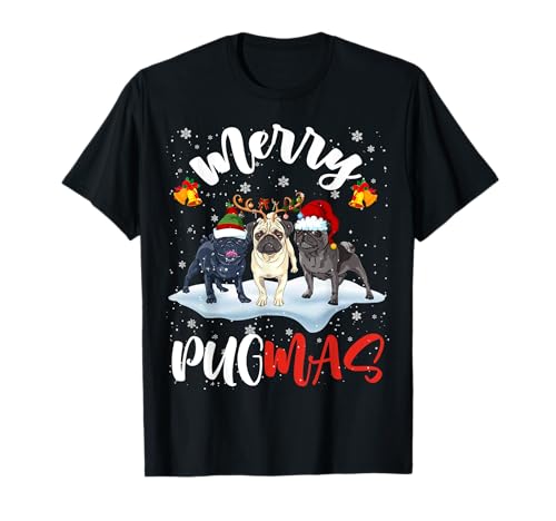 Merry Pugmas Funny Santa Reno Elfo Pug Perro Navidad Camiseta