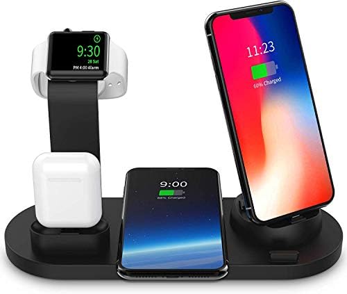 Wireless Charger Dock – 4-in-1 Multiple Device Fast Charging Station – Qi Fast Wireless Charging Stand Compatible iPhone 11, 11 Pro, X, XS, XR, XS Max, 8, 8 Plus, Samsung