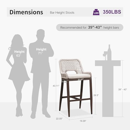 Image of PURPLE LEAF Bar Stools Set of 2 Bar Height Metal Bar Chairs with Back Modern Tall Comfy Wicker Woven Boho Garden Pool Patio Outdoor Barstools, Bronze