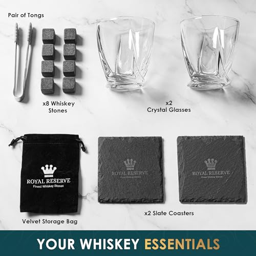 Royal Reserve Whiskey Glasses Set of 2 with Chilling Stones & Coasters – Whiskey Gift for Men Dad Boss Boyfriend on Retirement, Anniversary & Birthday