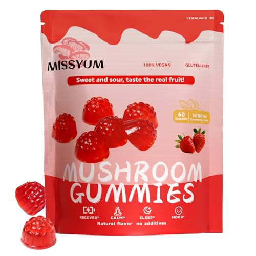 MISSYUM Mushroom Gummies 10-in-1 Adaptogenic Blend Vegan Strawberry Flavor 60 Count Lions Mane Reishi Chaga Shiitake