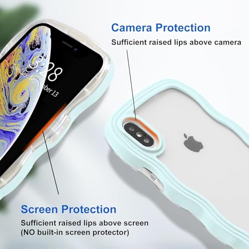 Image of GoldKart iPhone X /Xs Case Wavy Edge Clear Back Design, Anti-Slip Grip Cute Wave Curly Frame Shape Shockproof Soft TPU & Hard PC Bumper Protective Phone Case Cover for Women Girls - Light Blue