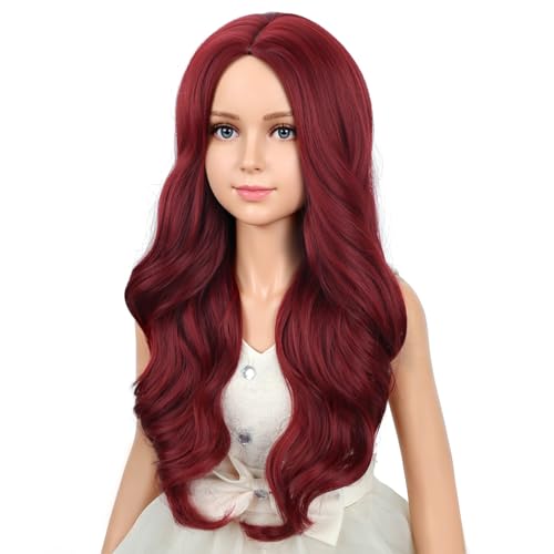 Image of PATTNIUM Wine Red Wig for Kids Girls Long Curly Wigs Burgundy Middle Part Heat Resistant Synthetic Wigs with Wig Cap