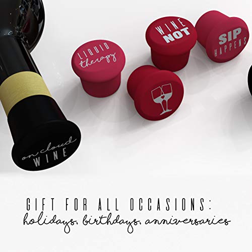 NENGEN 5 Pack Reusable Wine Bottle Stoppers, Christmas, Birthday, Mom Gift Box, Wine Beverage, and Beer Bottles, Funny Wine Pun Silicone Bottle Sealers