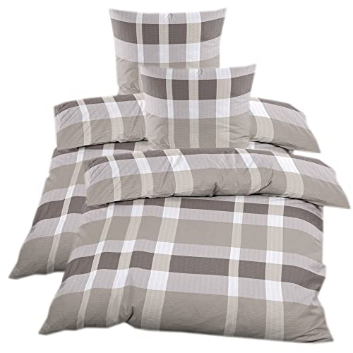 Casa Colori Seersucker Bettwäsche 4 TLG. 135 x 200 mit Reißverschluss Bettgarnitur Sommerbettwäsche Beige Braun kariert Cover