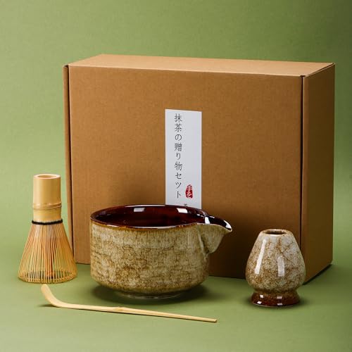 DiDiBirDi Service à thé matcha 4 pièces en céramique, bols à matcha japonais, fouet à matcha (Chasen), pelle (chashaku), fouet (marron)