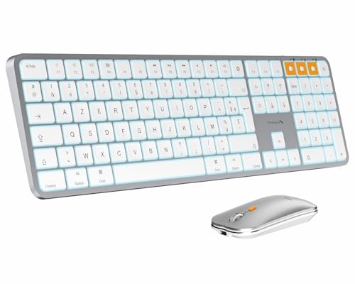 ProtoArc KM100-A Clavier Souris Mac sans Fil Retro Eclairé, AZERTY Bluetooth Ensembles Clavier et Souris, Keyboard Plat Blanc Multi-Appareils pour MacBook Pro, MacBook Air, iPhone, iPad
