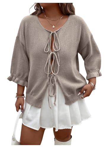 Floerns Women's Plus Size Bow Tie Front Cardigan Sweater Half Sleeve Ruffle Trim Pullover