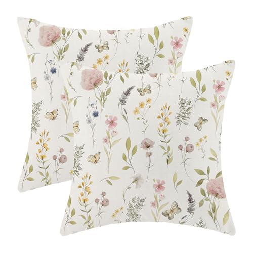 Image of Spring Pillow Covers 24x24 Inch Set of 2, Sage Green Pink Wild Flower Throw Pillows Case,Colorful Seasonal Floral Plant Outdoor Decorative Farmhouse Decor Cushion Covers for Home Sofa Bed Couch