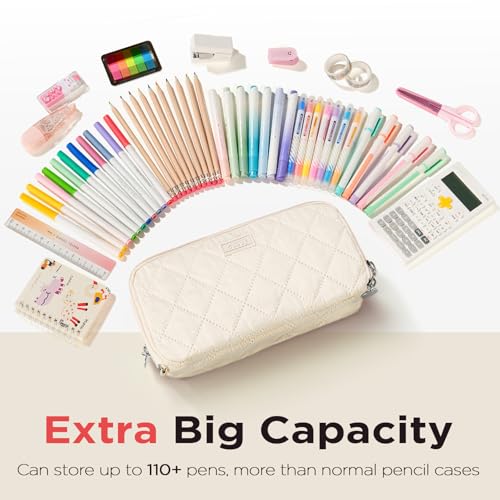 Sooez Large Pencil Case Pouch, Extra Big Pencil Bag with 8 Compartments, Pen Bag Wide Opening, Soft Quilted Pencil Pouch Organizer with Zipper, Portable Pencil Case for Teen Girls, Beige - Image 3