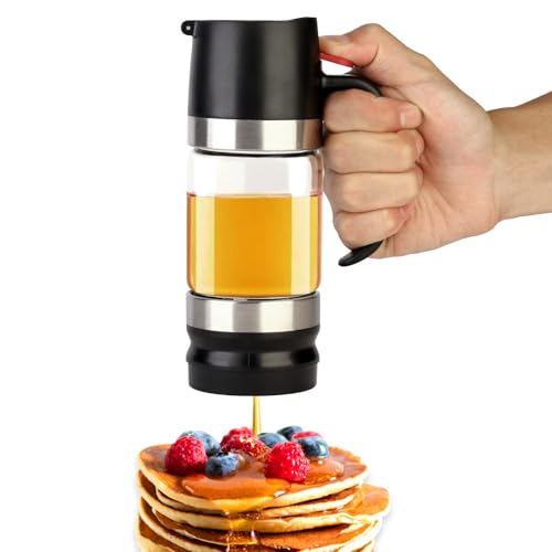 Glass Honey Dispenser No Drip Glass Honey Jar Maple Syrup Dispenser No Drip Honey Holder Pot with Handle for Bread Coffee Tea Pancake 9 OZ (Black)