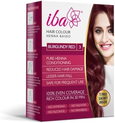 Iba Hair Colour for Women - Burgundy Red, 70g | 100% Pure Henna Based Powder Sachet | Natural Hair Colour & Long Lasting with Conditioning Formula | Reduced Hair Fall & Hair Damage | Shine & Nourish Hair | Free from Ammonia and Other Harmful Chemicals | Herbal Hair Powder for Hair Color | Burgundy Red Henna