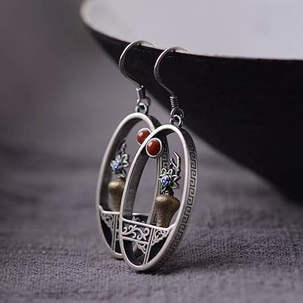 Örhänge S925 Silver Vintage Kreativ Design Örhänge Kvinnlig Mode Kinesisk Stil Bränd Blå Blomma Arrangemang Guanyin Flaskörhänge Örhänge, 1