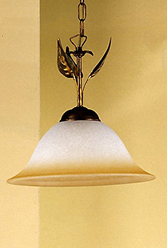 ONLI - Lampe à suspension en métal marron avec nuances dorées. Cloche en verre ivoire satiné nuancé ambre