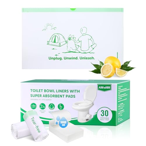 Toilet Liners with Lemon-Scented Absorbent Pads 30-Pack Universal Fit Disposable Toilet Bags Camping-Inspired Design Ideal for Home Boat or Camping WC Dry Flush Ready Emergency Use Tear-Free