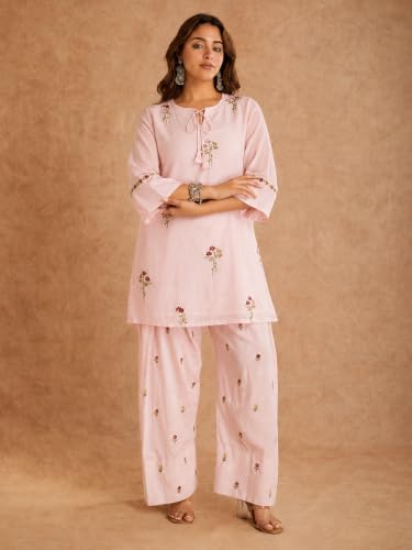 Image of ANNI Designer Farshi Salwar Suit for Women Viscose Embroidered | Co Ord Set for Woman | Straight Kurta Palazzo Outfit Round Neck V Slit 3 /4 Sleeve Ethnic Dress Womens Clothing