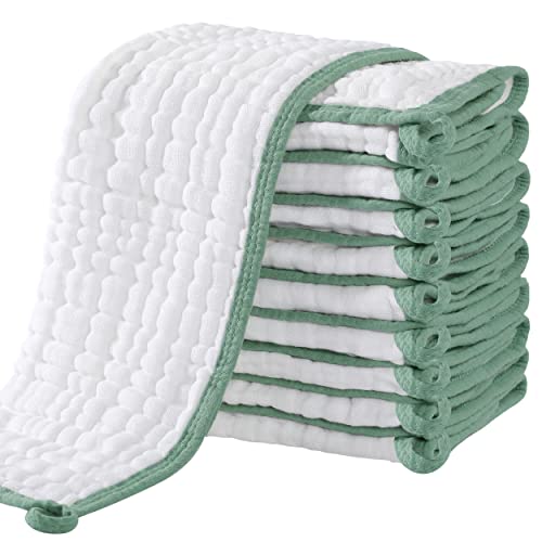 Image of Yoofoss Muslin Burp Cloths for Baby 10 Pack 100% Cotton Baby Washcloths for Boys Girls Large 20''X10'' Super Soft and Absorbent LightGreen with Loop