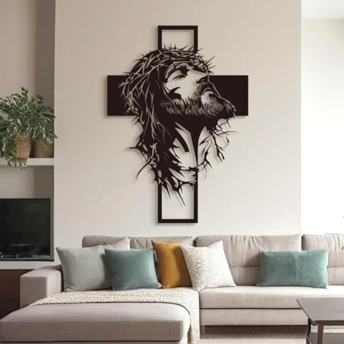 Image of BLIND SHOP Jesus Face and Plus Sign Metal Art for Home Decor | Wall Sculpture Home Decoration | Metal Art | Metal Wall Art | Wall Decor (57x43x1.5 CM)