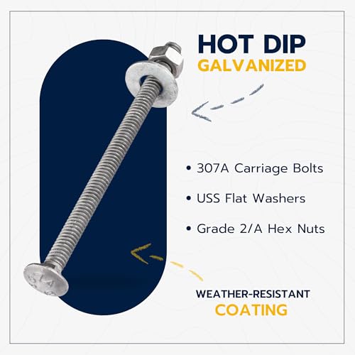 Image of 1 /4 inch x 4-1 /2 inch (100 Pack) Galvanized Carriage Bolt Kit Grade 307A Includes 1 /4 inch USS Flat Washers (100 pcs) and 1 /4 inch-20 Hex Nuts (100 pcs), Hot Dip Galvanized for Exterior Use by Makers Bolt