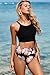 Herseas Women's Black Bikini Sets High Round Neck Tropical Leaf Print High Waisted Two Pieces Swimsuits Crop Padded Top Modest Bottom Bathing Suits Large