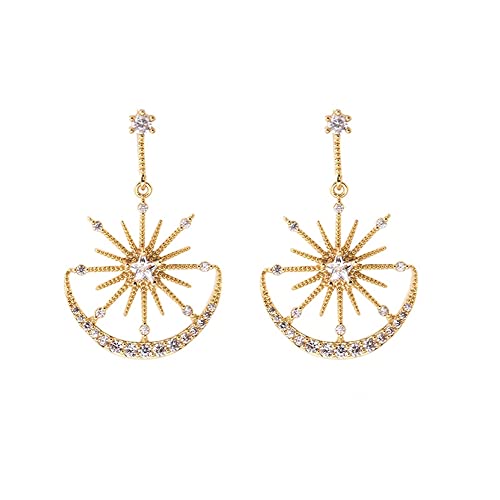 Shiny CZ Crescent Moon Star Dangle Earrings for Women Girls 925 Sterling Silver Post Pin White Gold Plated Cute Crystal Charms Drop Dangling Stud Delicate Statement Jewelry Gifts Birthday Christmas Wedding