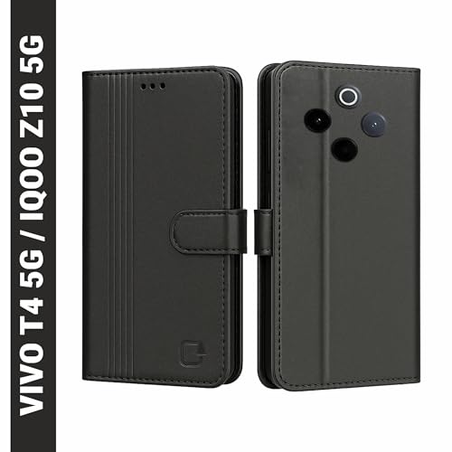 Image of AIBEX Shock Proof Flip Compatible for iQOO Z10 5G / Vivo T4 5G Flip Cover Leather Finish | Inside TPU with Card Pockets | Wallet Stand | Complete Protection Flip Case - Black