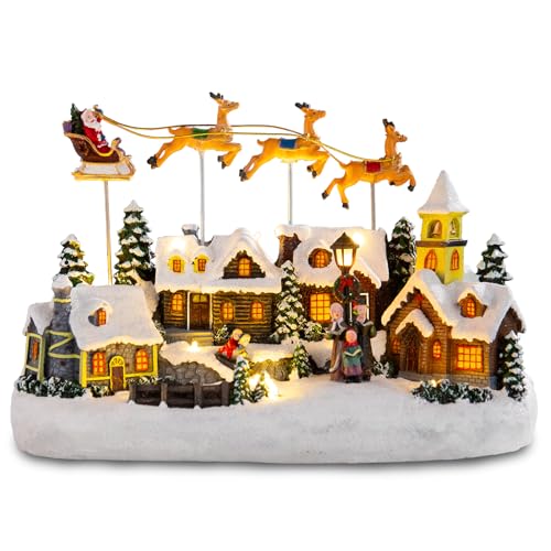 taman Christmas Village Collectible Buildings - Santa Claus Riding Sleigh with 3-Elk Warm Light Christmas Ornaments for Holiday Decorations
