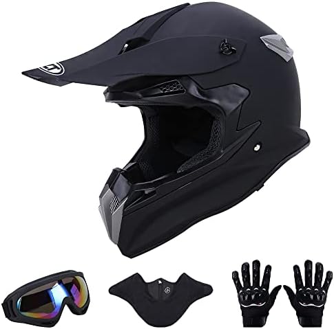 OUMURS Adult Dirt Bike Helmet with Goggles Gloves & Mask Adjustable Sun Visor Motorcycle Adult ATV Helmet Off-Road Motocross Downhill Moped MX BMX for Unisex-Adult-Matte Black-188, XXL