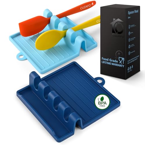 CUZAFO 2-PACK 600°F Heat Resistant Silicone Spoon Rest, Multiple Utensil Rest, BPA Free Easy to Clean Dishwasher Safe, Blue (Deep+Light)