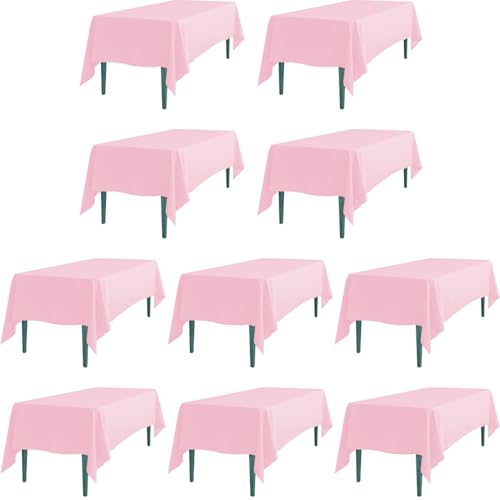 LTC LINENS 10 Pack Pink Rectangular Tablecloths 70 x 120 Inch for 6 or 8 Feet Rectangle Banquet Tables with Half-Drop - Stain and Wrinkle Resistant Polyester Cloth Table Covers for Party, Baby Shower