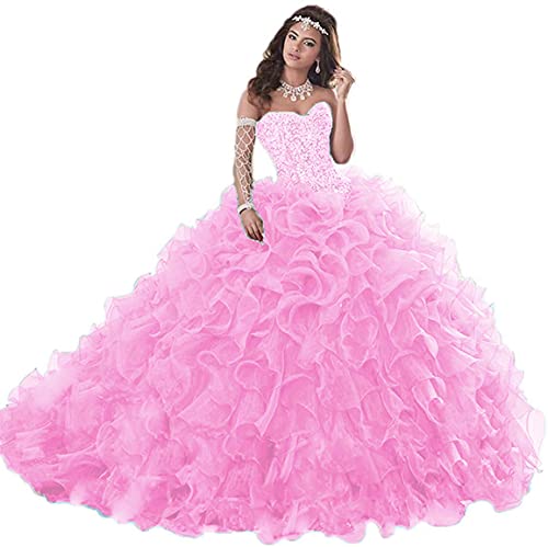 Jerald Norton Ltd Gorgeous Heavy Beaded Organza Quinceanera Dress for Sweet 16 Princess Ball Gowns Pink