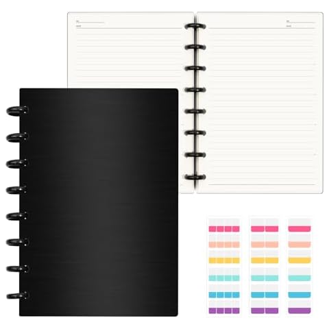MOSA BEAR Discbound Notebook, 8-Disc Disbound Planner with Removable Pages, 180 Pages Spiral Notebook, Poly Cover Discbound Planner for Work, Travel, Note Taking(With Index Sticker),Black, A5 Cover