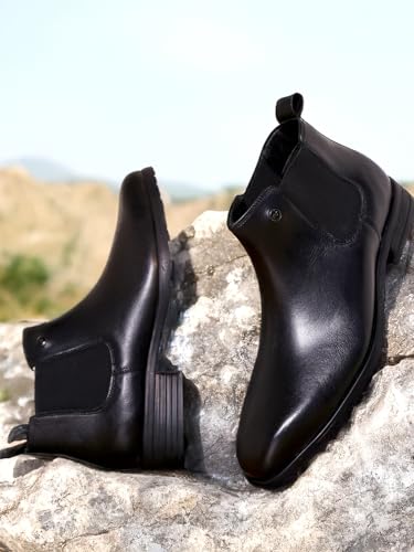 Image of Monte Carlo Men Black Elastic Genuine Leather Chelsea Boots