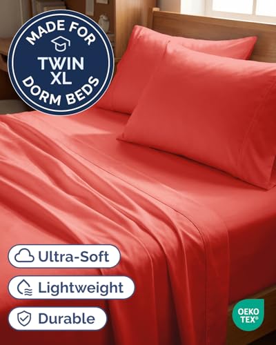 Image of Twin XL 4 Piece Sheet Set - College Dorm Room Essentials - Coral | Ultra Soft Dorm Bedding Set, 8 inch to 16 inch Inch Deep Pockets, 1 Flat & 1 Fitted Sheet & 2 Pillowcases, Wrinkle & Fade Free