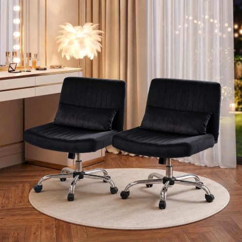 Image of Velvet Criss Cross Desk Chair with Wheels, Luxury Cross Legged Office Office, Swivel Wide Seat Vanity Chair, Armless Adjustable Height Gaming Chair Gift, Dusty (2, Deep Black)
