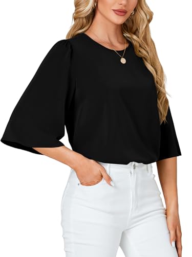 Rooscier Women's Dressy 3/4 Sleeve Tops for Women Crewneck Business Casual Loose Blouse Shirt3