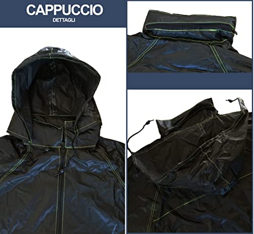 Auto Accessori Lupex - Regenanzug Wasserdichter winddichter, Größe M, Farbe schwarz, Set aus Regenjacke und Regenhose mit einziehbare kapuze, mit Tragetasche, Unisex Mann Frau