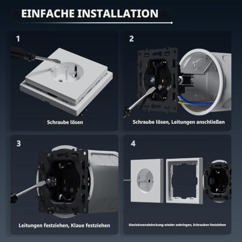 BSEED Schuko Mehrfachsteckdose Unterputz, Wandsteckdose 16Amp mit PC Rahmen, Vierfach Steckdose mit Krallen, 4 Fach Grau – Ansicht 4