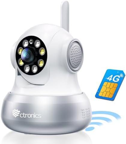 3G/4G LTE Caméra Surveillance Intérieure Ctronics avec Carte SIM, 360° PTZ , Image 4MP