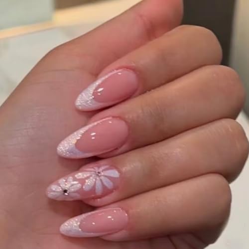 Image of White French Tip Press on Nails Flower Fake Nails Medium Almond Nail Press ons with Glitter Design Reusable Glossy Full Cover Stick on Nail for Women Manicure 24Pcs