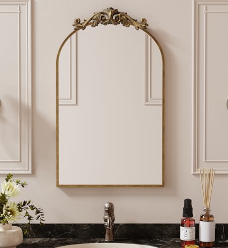 Antique Bronze Mirror, Gold Vintage Bathroom Mirror, Arched Vanity Mirror