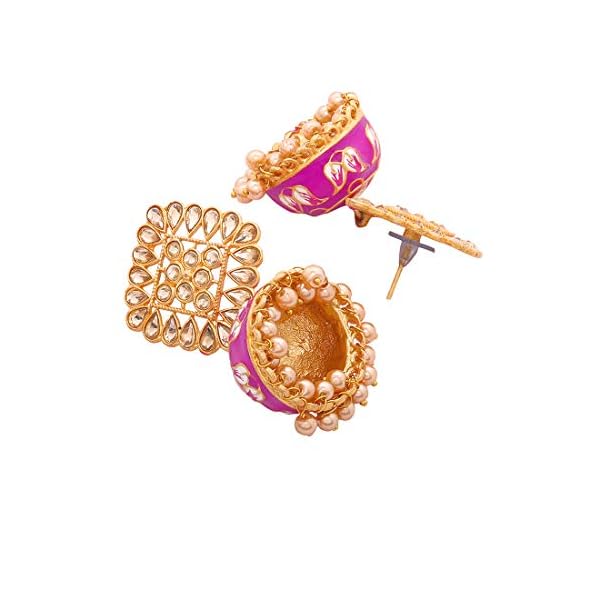 Yellow Chimes Ethnic Gold Plated Kundan Studded Meenakari Pearl Beads Chandbali Jhumka Earrings for Women and Girls - Image 4