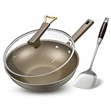 SUMEIGUAN 13 Inch Titanium Wok Pan with Lid, Non Stick Frying Pan, Woks & Stir-Fry Pans Nonstick, Flat Bottom Stainless Steel Wok, Titanium Pans Ideal for Induction Stovetop Cooking PFOA&PFAS Free