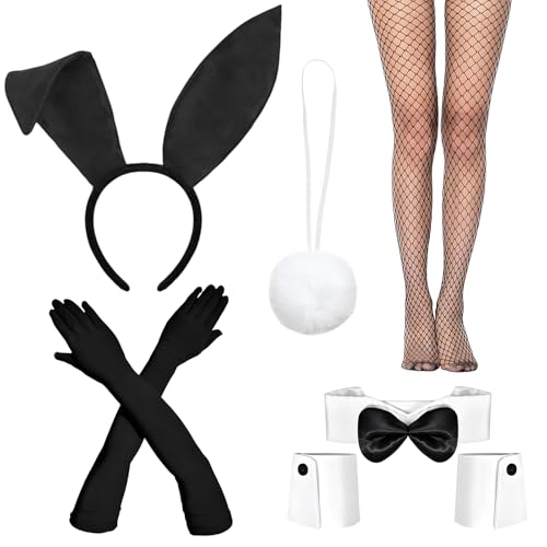 7 Stück Damen Bunny Zubehör Set Hasenohren Maid Outfit Halloween Hasenkostüm Erwachsene mit Hasenohren Haarreif Fliege Armband Handschuhe...
